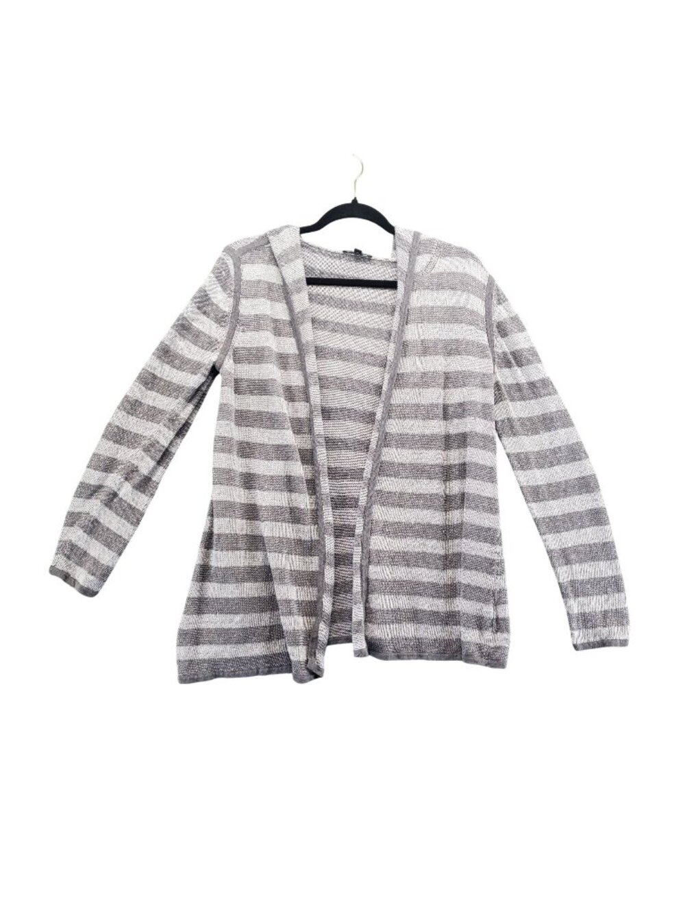 Eileen Fisher Sweater Womens Medium Gray/White Striped Hooded Open Knit